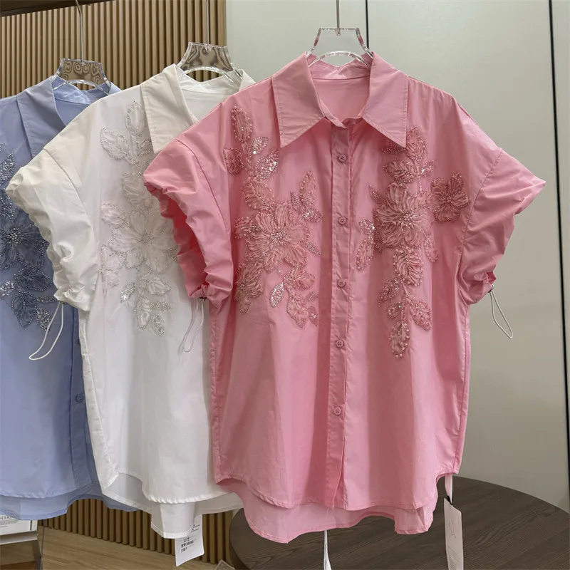 

Women 3D Floral Embroidered Shirt Loose Fit Short Sleeve Blouse Lapel Button Up Casual Oversized Fashion Top