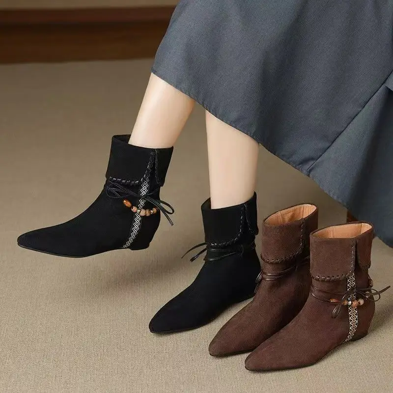 2025年新作-スエード-ラウンドトゥ-ハイヒール-モダン-アンクルブーツ-秋冬-暖かいブーツ-セクシー-レディース-シンプルで高品質なアンクルブーツ