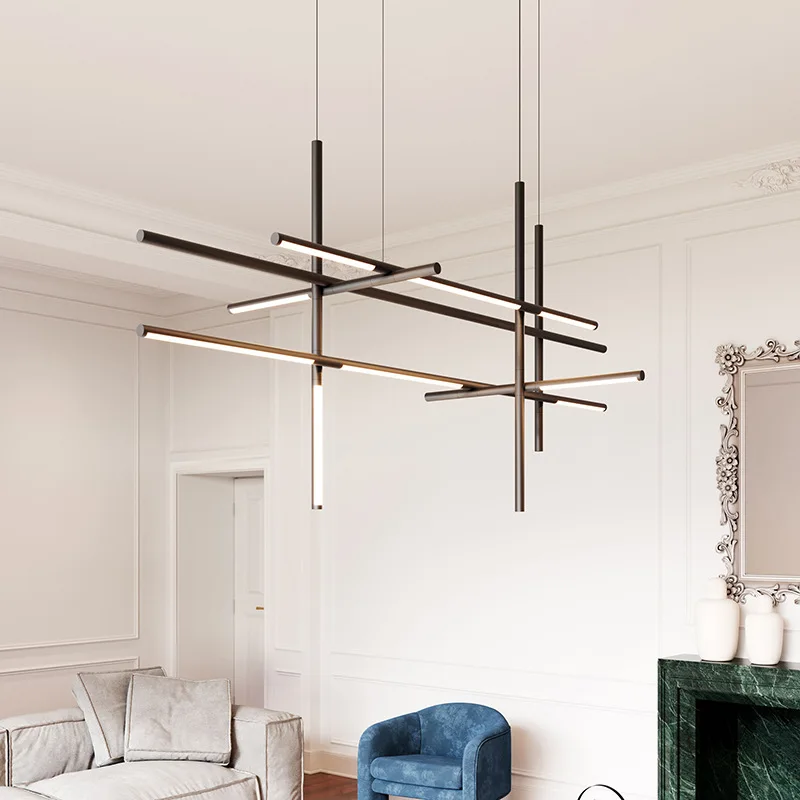 Italy Designer Tube Gold black Chandeliers  Linear LED Pendant Light  Suspended Hanging Lamp for Hotel Decoration Dinning Room