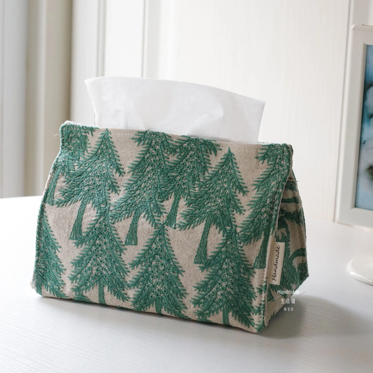 Embroidered Butterfly Tissue Box Cover - Natural Linen & Cotton Fabric Drawstring Pouch, Reusable Home Decor with Floral Design