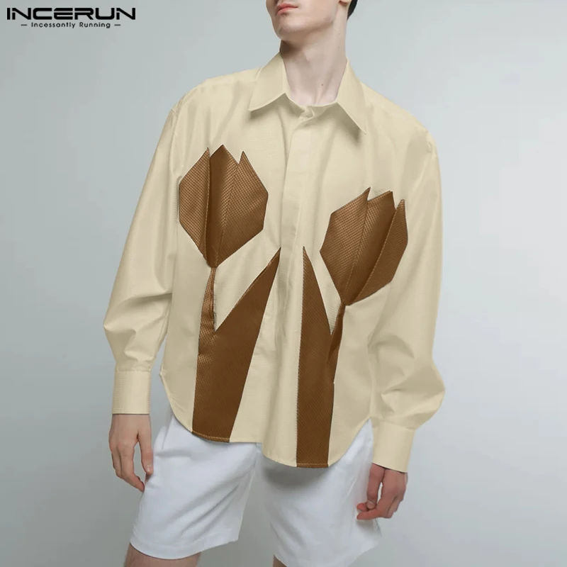 Fashion Well Fitting Tops INCERU New Men's Floral Print Splicing Contrast Color Shirt Casual Male Lapel Long Sleeved Blouse 2024