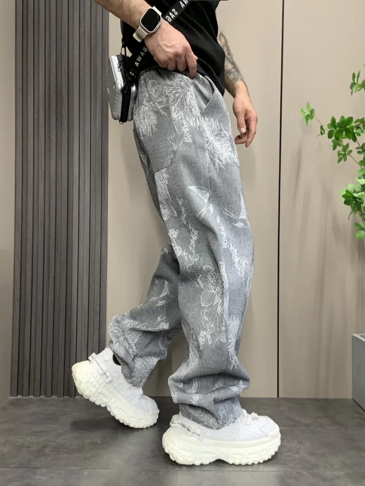 Men's Summer New Vintage High-End Straight Floral Loose Personal Style Trendy Casual Pants Autumn Winter Fashion Y2k Trousers