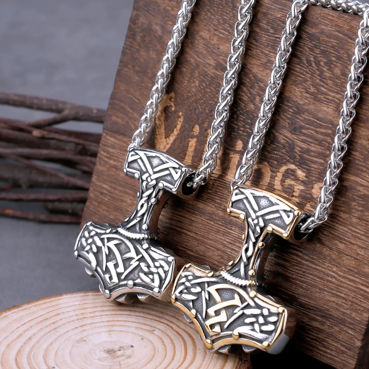 Stainless Steel Viking Nordic Hammer Mjolnir Necklace Men's Fashion Celtic Knot Rune Amulet Pendant Necklace Biker Jewelry Gift