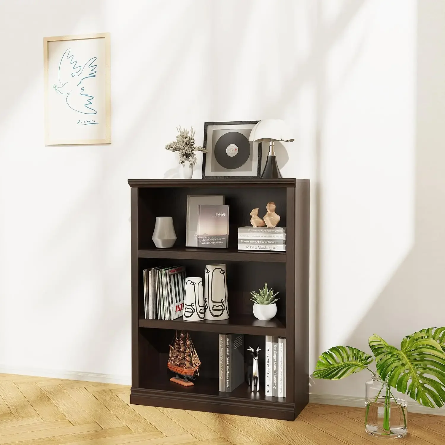 Bevfint 43 Inch Tall Dark Cherry Bookcase, 3 Tiers Bookshelf Open Storage | 33 inch Wide Floor Standing Indoor Furniture, Book C