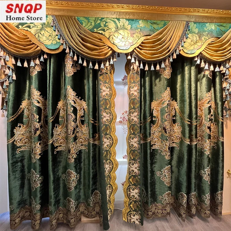 European Custom Size Embroidered Green Luxury Velvet Curtains for Living Room Bedroom Dining Valance Tulle Thicken Window Lace