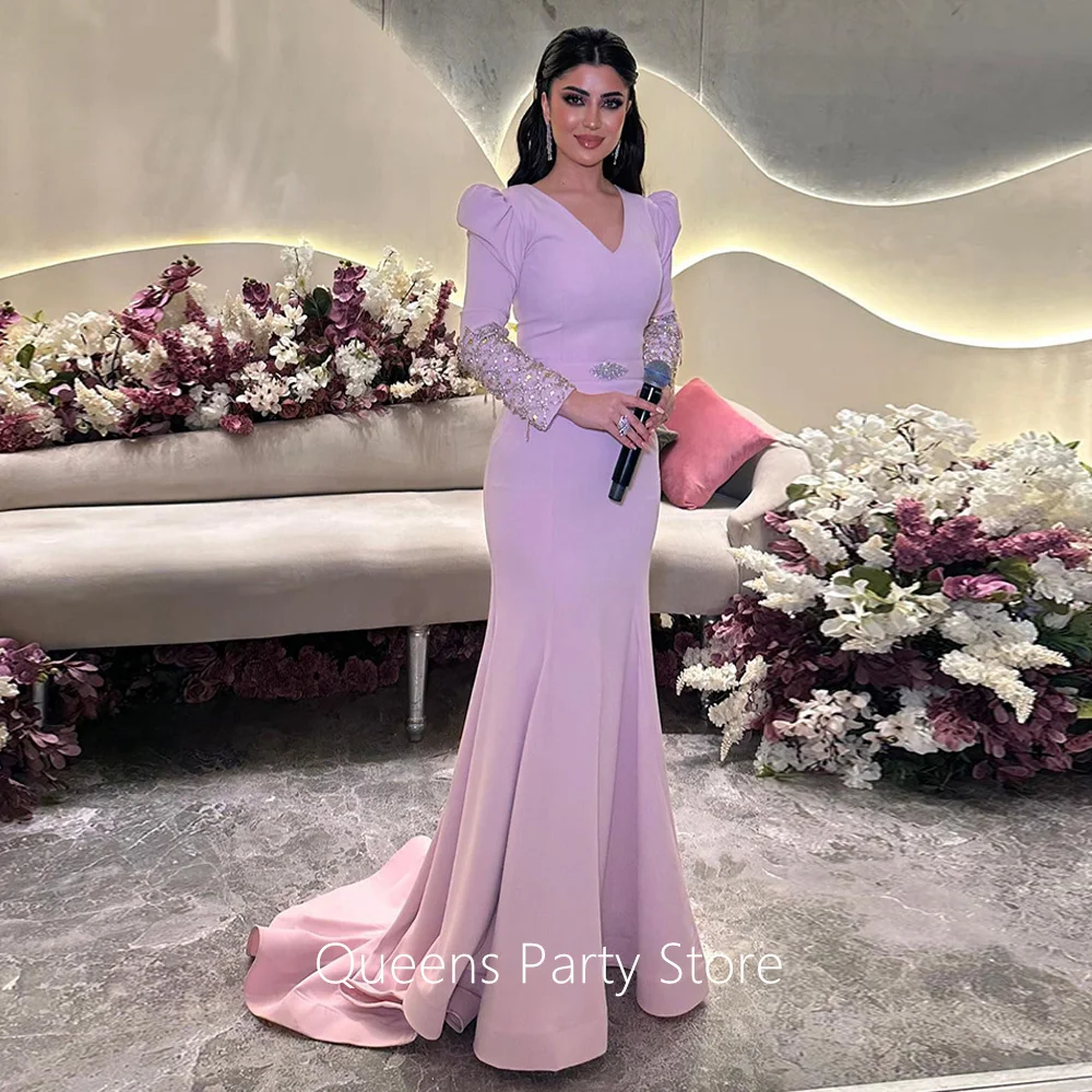 

Arabian Evening Dress Customized V Neck Beading Long Sleeves Sweep Train Mermaid Pageant Party Gown Formal Prom Dresses