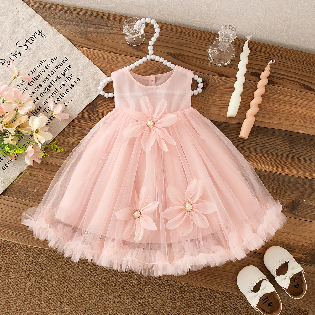 

Baby Girl Dress Summer Bow And Floral Pattern Mesh Solid Color Sleeveless Puffy Girl Kid's Dress Cute Gorgeous Girl Dress