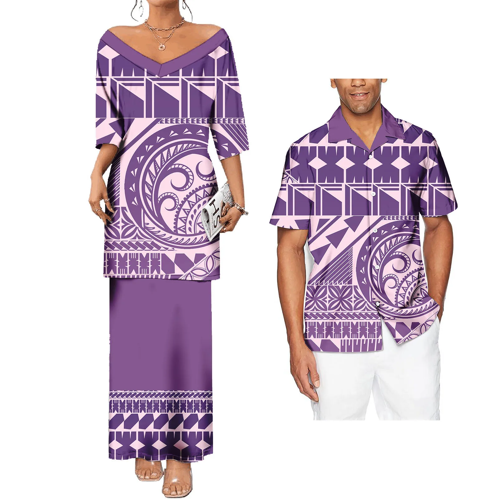 

Couple Polynesian Tribal Printed V-neck puletasi Dress and Men's Shirt Couple Clothing Tribal Clothing