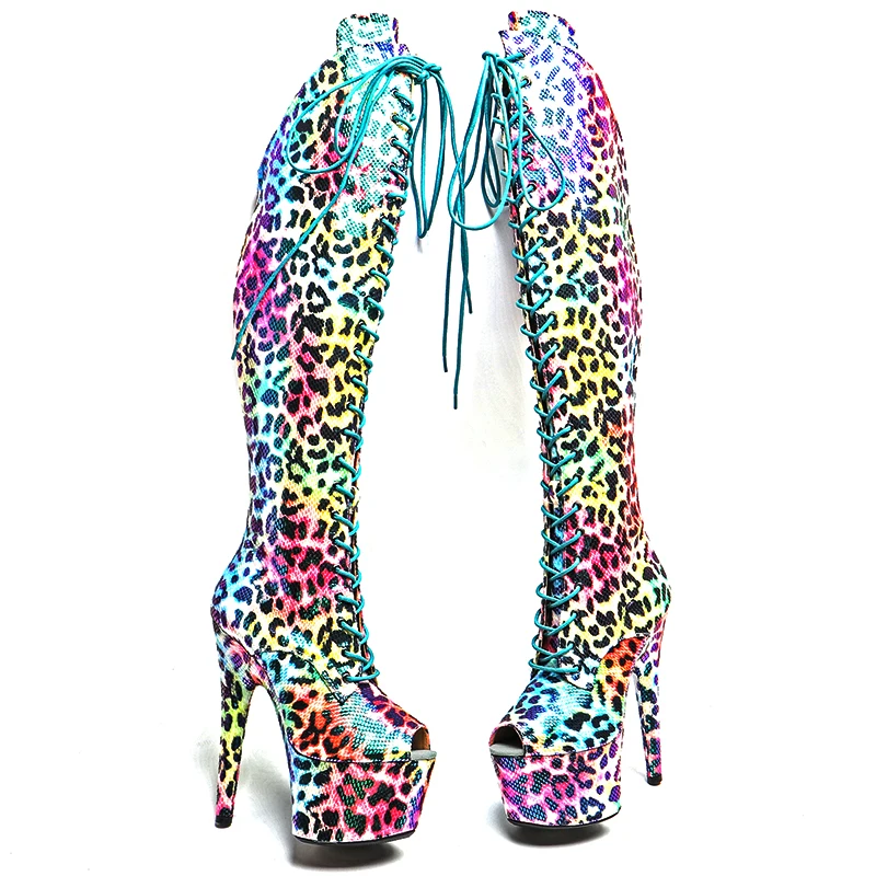 Leecabe  17CM/7inches Leopard print PU small open toe  Trend fashion High Heel platform stripper heel Pole Dance boots