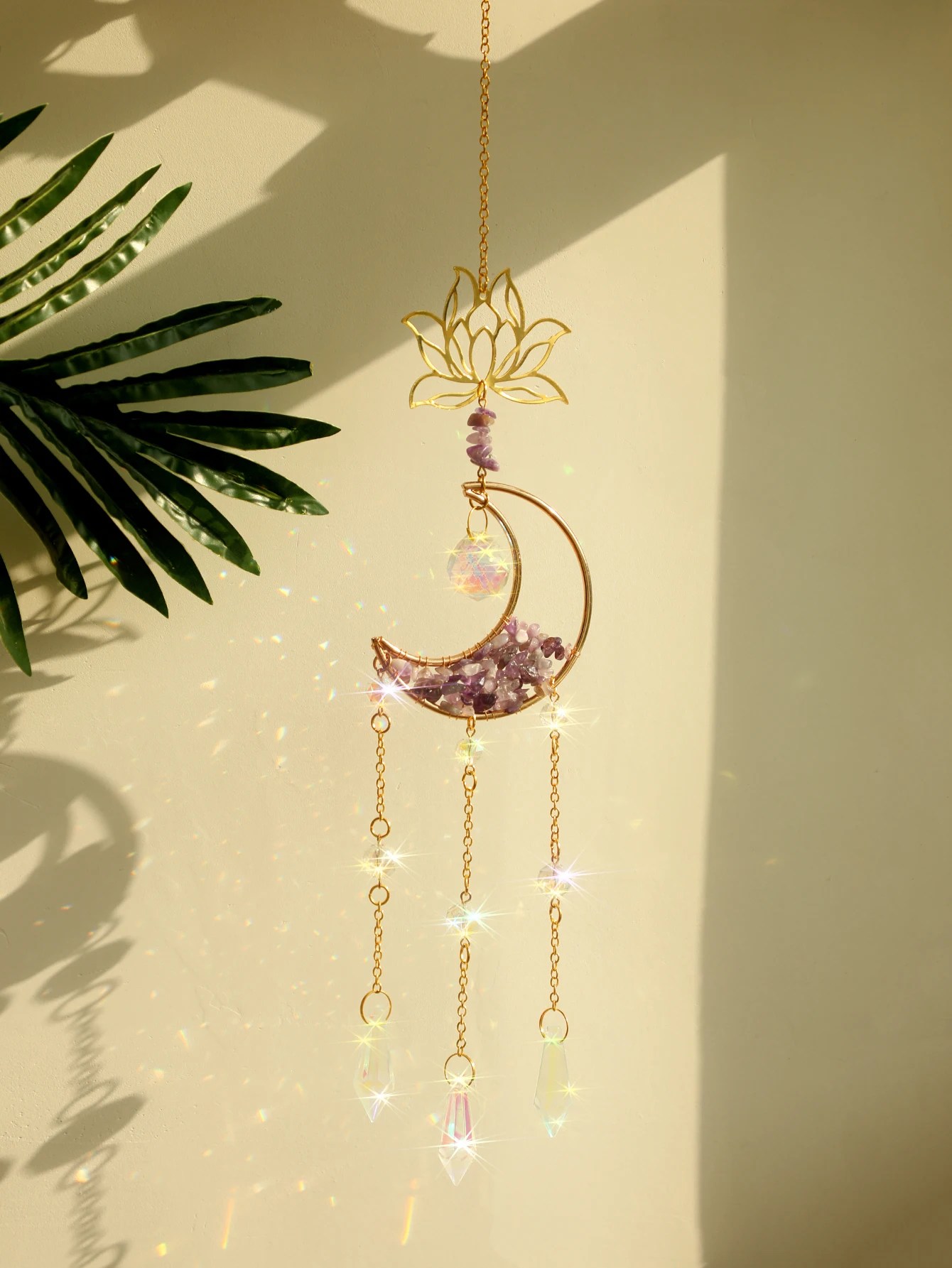 Suncatcher Lotus Moon Purple Crystal Wind Chime Window Wall Hanging Rainbow Maker Light Catcher Home Garden Decor Crafts Gift