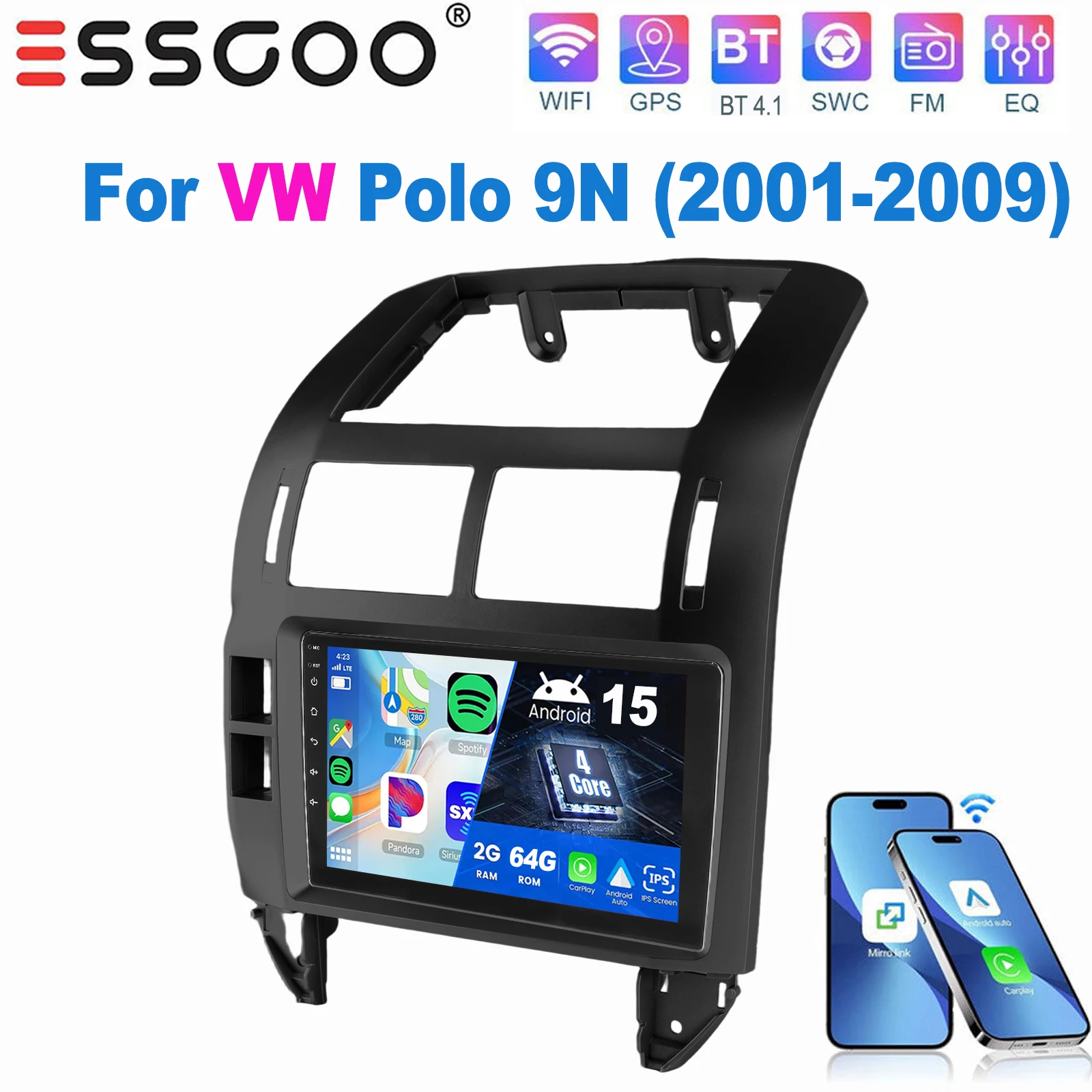 ESSGOO 9 Inch IPS Touchscreen Voor VW Polo 9N 2001-2009 Autoradio Apple Carplay Android Auto GPS Navigatie WIFI FM Stuurwielbediening RDS Android 15 Mirror Link Bluetooth ASP Geluid Split Screen