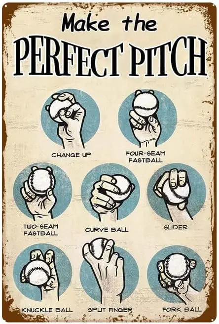 Make The Perfect Pitch - Baseball Tin Sign Wall Decor - Vintage Baseball Sign for Man Cave - Baseball Pitching Grips tin Signs V