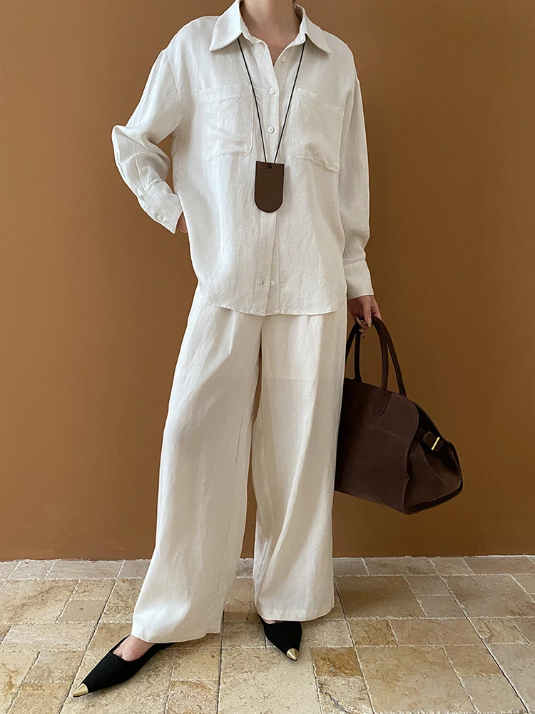 [EAM] Big Size Beige Elegant Shirt Wide Leg Pants Two Piece Suit New Lapel Long Sleeve Women Fashion Tide Spring Autumn 2024 00