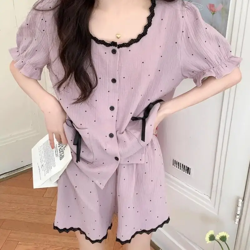 

Korean Elegant Women's Lace Pajamas New Short Sleeve Shorts Home Clothes Summer Youth Comfort Set Sweat Absorbing Kawaii Soft