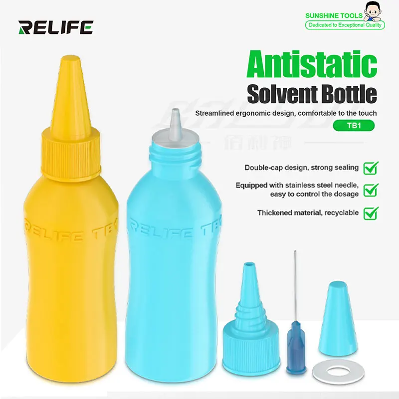 RELIFE TB1 Lösungsmittelflasche mit doppelter Kappe, leere Alkoholflasche, 50 ml, Schweißhilfe-Verteiler für Handy-PCB-Reinigungstopf-Werkzeug