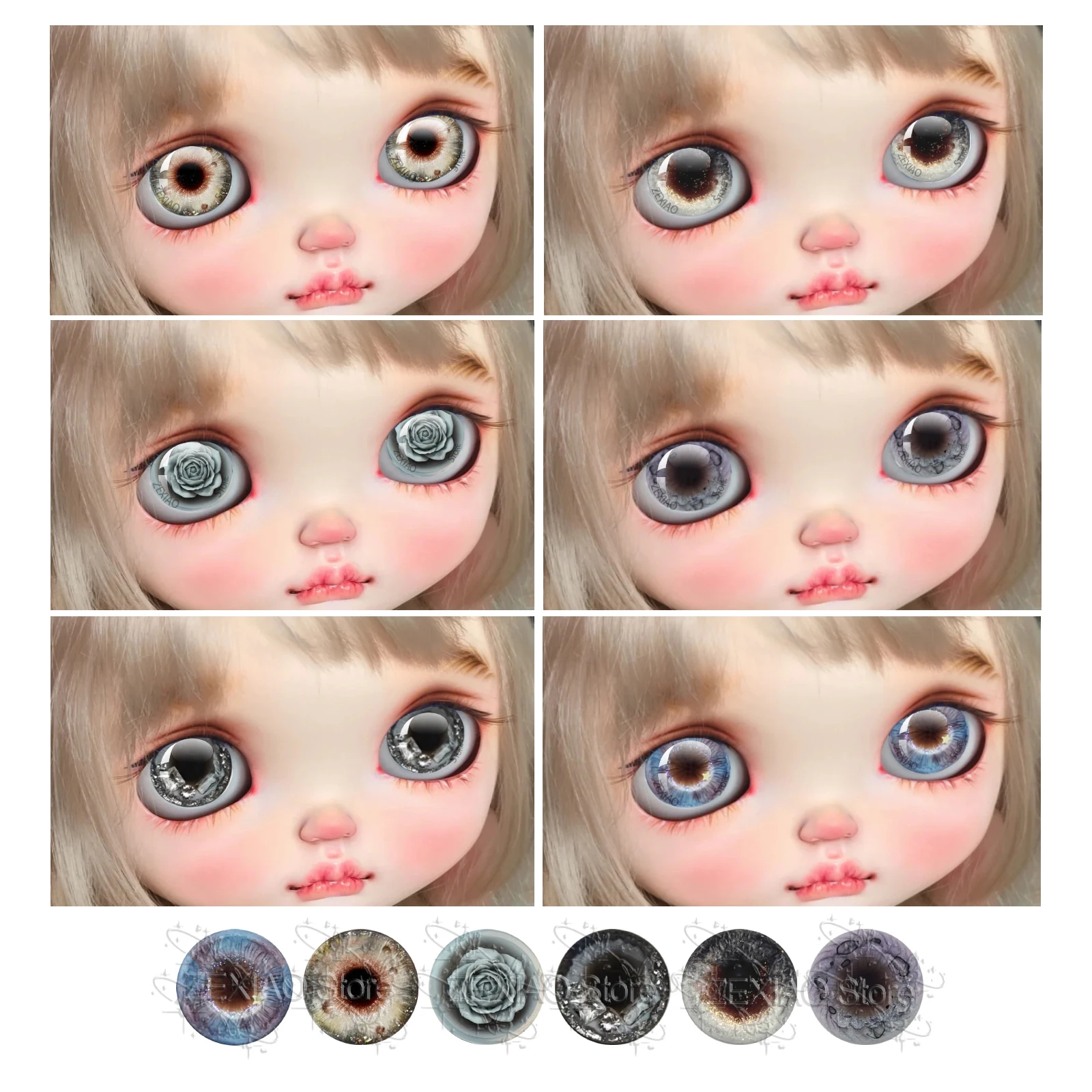 12Pcs Dark Grey Series Rose Patterns Eye Chips Glass Cabochons Eye For Blythe BJD Doll Chip Eyes DIY Toy Accessories Gift MS008