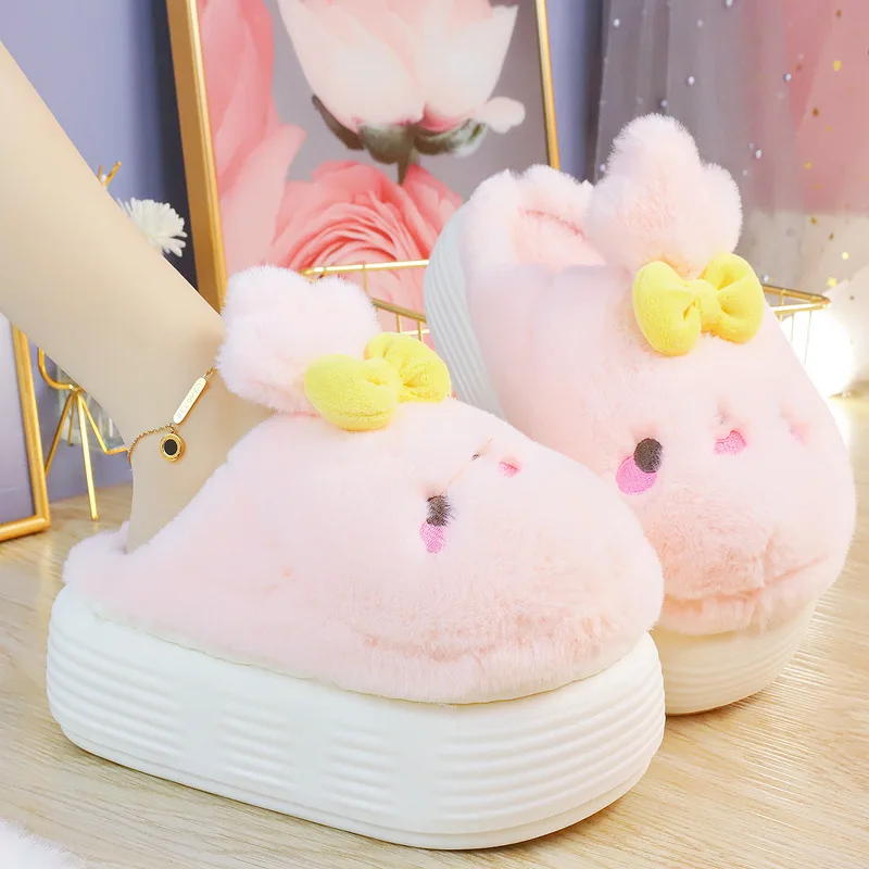 2022 Winter New Furry Chick Cotton Slippers Women's Home Cotton Slippers Cartoon Cute Thick-soled High-heeled Fur Slippers