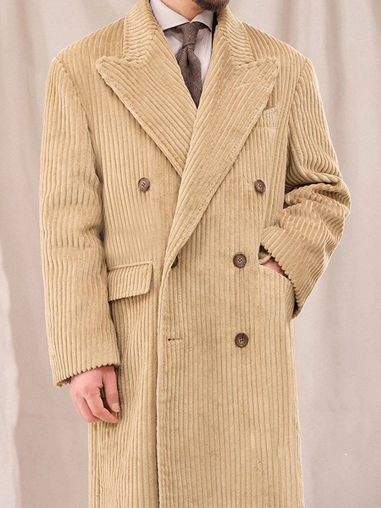 

Autumn Vintage Men's Coat Corduroy Double Breasted Long Man Windbreaker Windproof Business Casual Korean Male Jacket