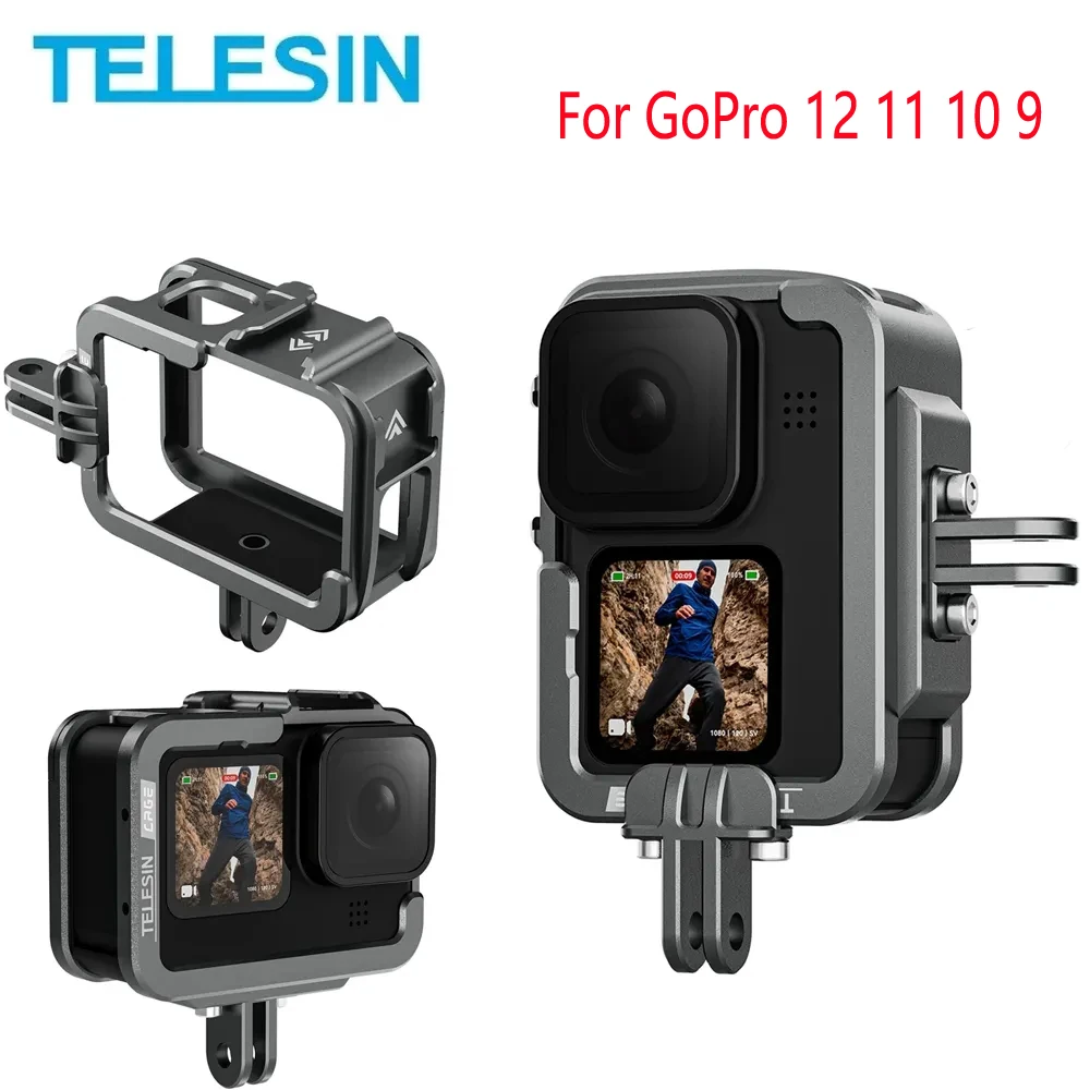 TELESIN Aluminium Alloy Frame Case Vertical Shoot Cage with Dual Cold Shoe Anti-Shock For Gopro Hero 12 11 10 9 Action Camera