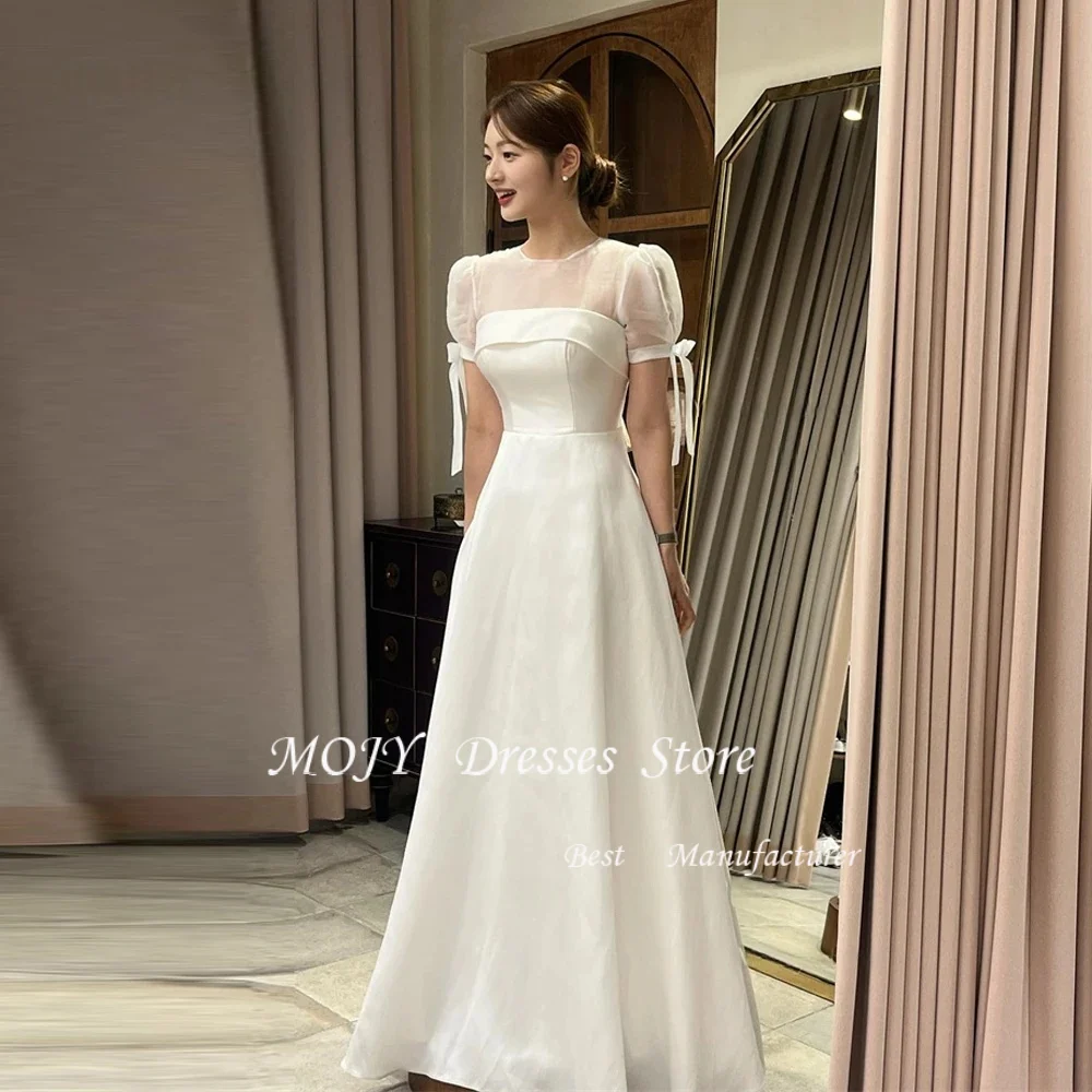 

Mojy Simple A Line Korea Wedding Dresses Short Sleeves Customized O-Neck Bridal Gowns Floor Length Wedding Reception Dresses