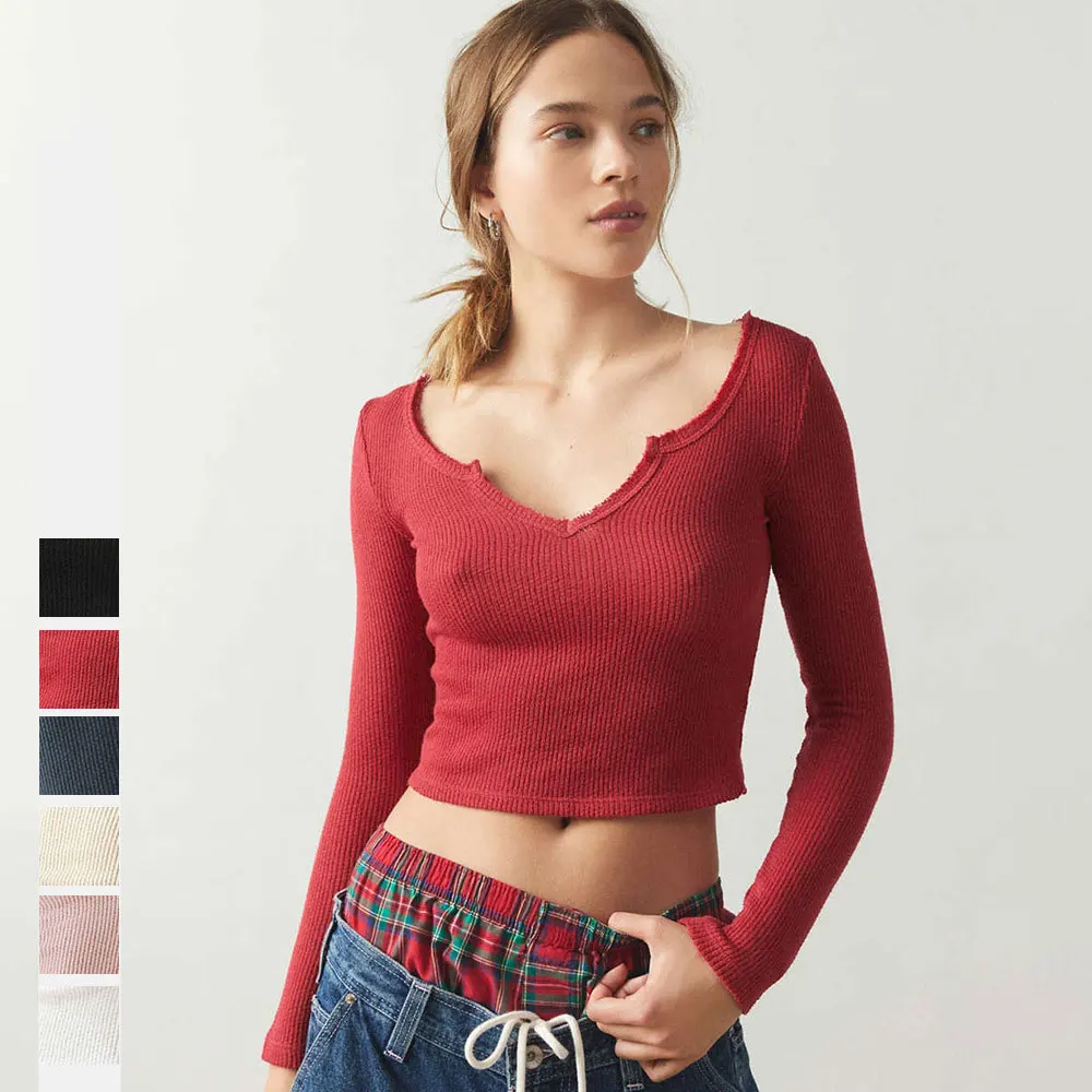 

Women's Solid Color Ribbed Tops Slim Fit T-shirt V-neck Long Sleeved Knitted Sweater Spicy Girl Crop Top Slim Shirt Top