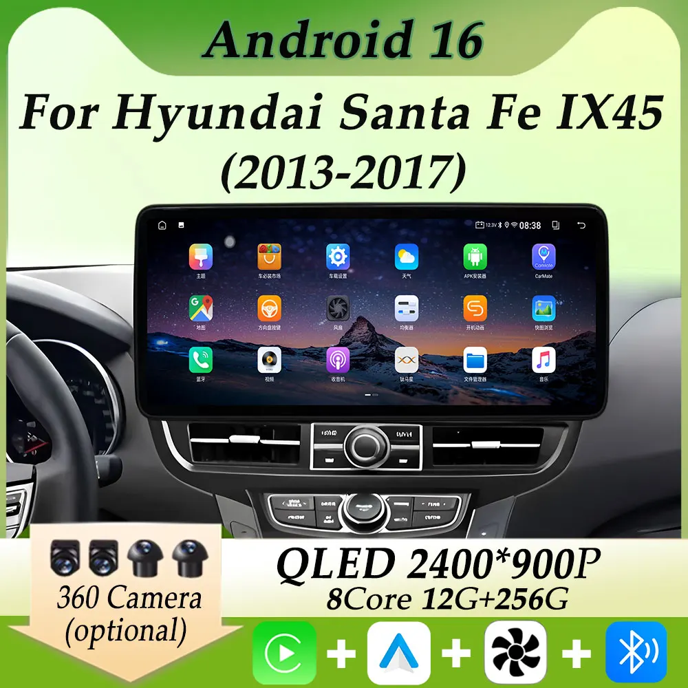 Reproductor Multimedia de vídeo y Radio para coche con pantalla ultrafina 2K para Hyundai Santa Fe IX45 2013 - 2017 Carplay GPS Navgation pantalla dividida