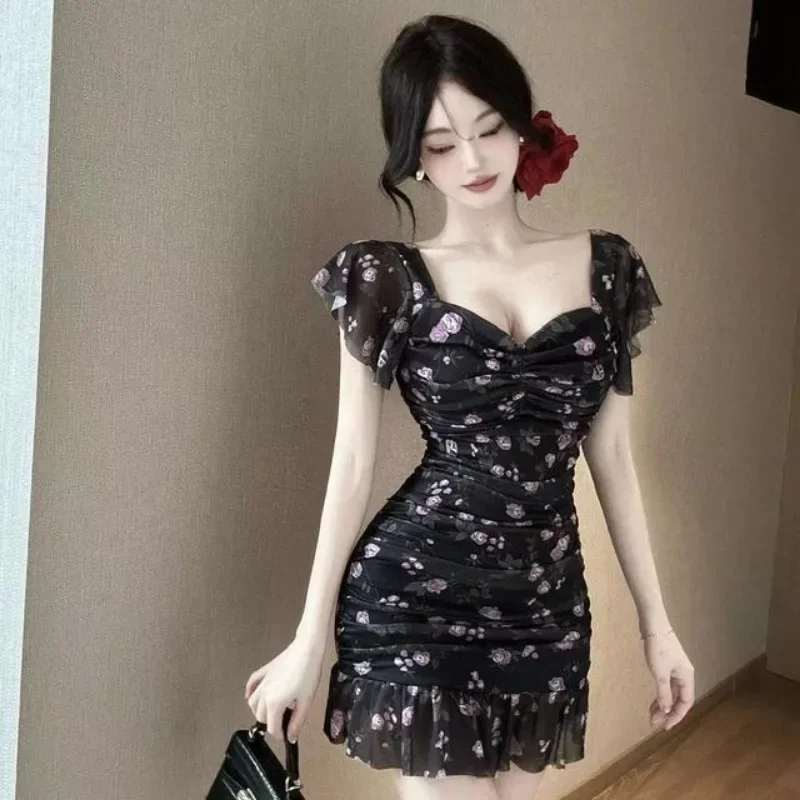 Impressão floral mini vestidos primavera verão sexy babados pescoço quadrado vestidos mujer moda coreana bodycon vestido feminino