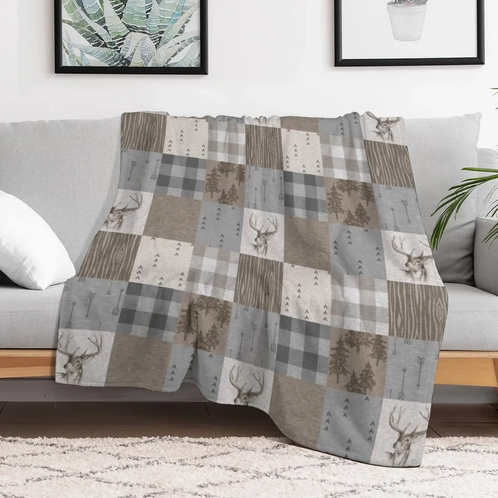 Deer Patchwork - Rustic Neutrals Throw Blanket Heavy Decoratives For Sofa Thin Blankets