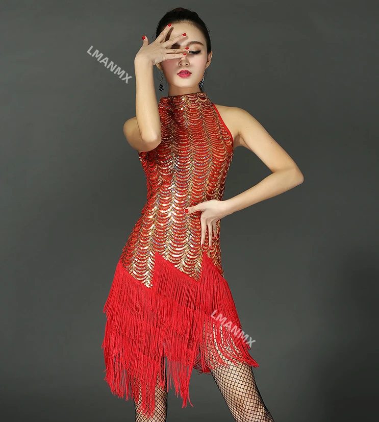 Abito da ballo latino con frange donna nappa Sexy paillettes sala da ballo Tango Salsa Tango Rumba Costume da ballo Red Performance Stage Wear