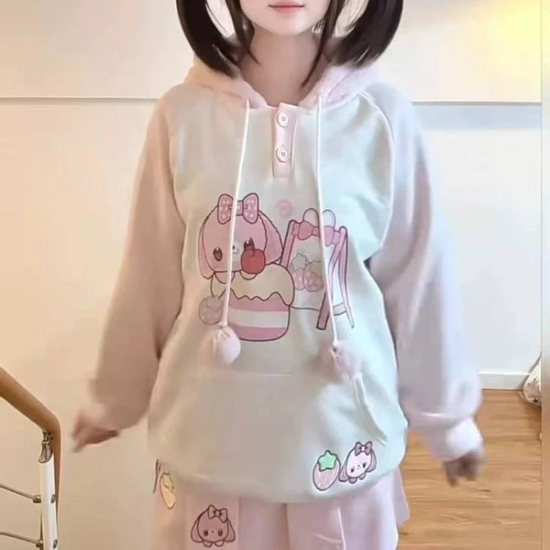Cute Lolita Girls Kawaii Cinnamoroll Fluffy Fleece Hoodie Half Button Color Block Pom-Pom Cartoon Print Co-Ord Casual Sweatshirt