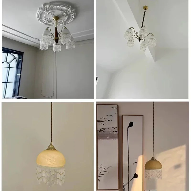 SANDYHA All Copper Grid Tassel Chandelier Walnut Wood LED Lights Parlor Bedroom Dining Table Lighting Home Decoration