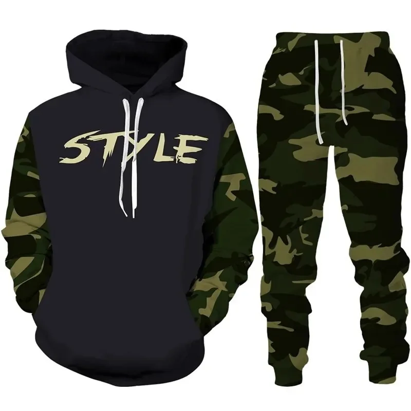 Camuflagem com capuz 3d impresso conjunto de roupas esportivas masculinas com capuz + calças conjunto de 2 peças de fitness ao ar livre roupas esportivas casuais masculinas