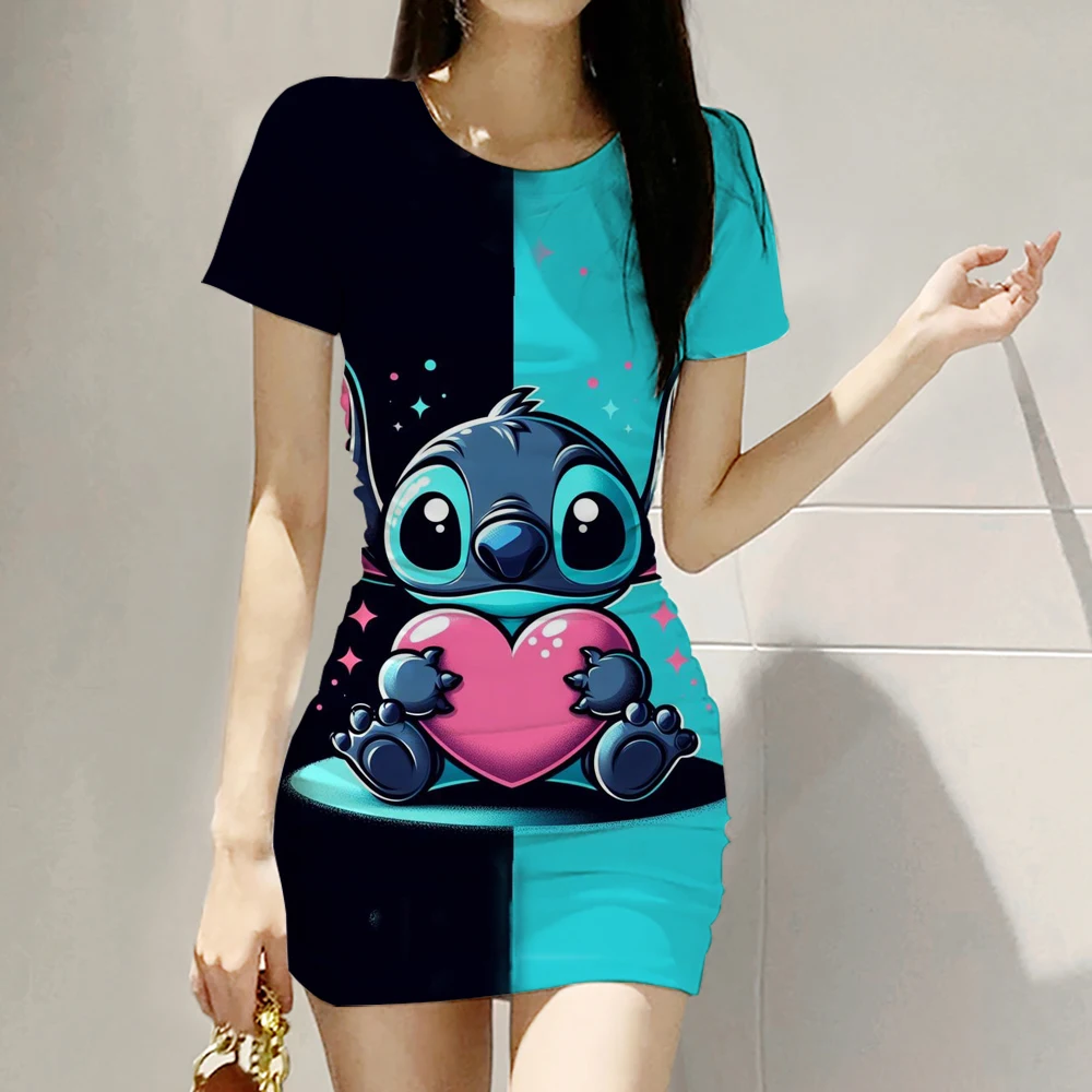 2025 Summer Disney Stitch 3D Cartoon Printed Girl Dress Short Sleeve Women's/Adult Parent-Child Dress Kawaii Beach Party Dress