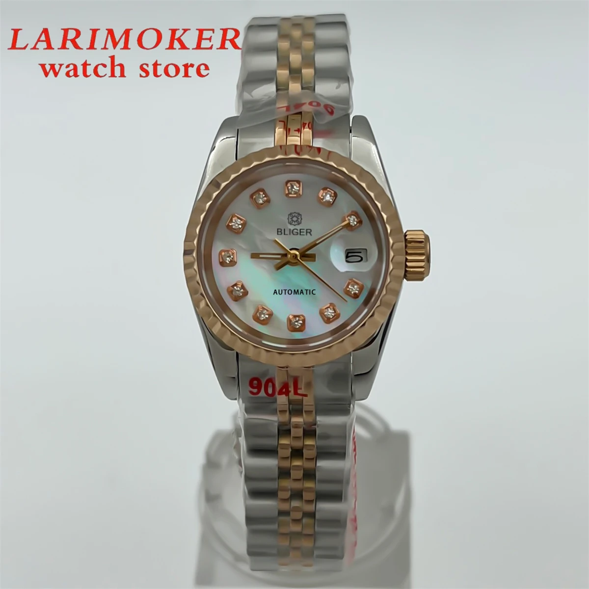 BLIGER 26mm NH05 Women's Automatic Watch Pink Gold Sunburst White mother-pearl dial Diamond index steel bracelet