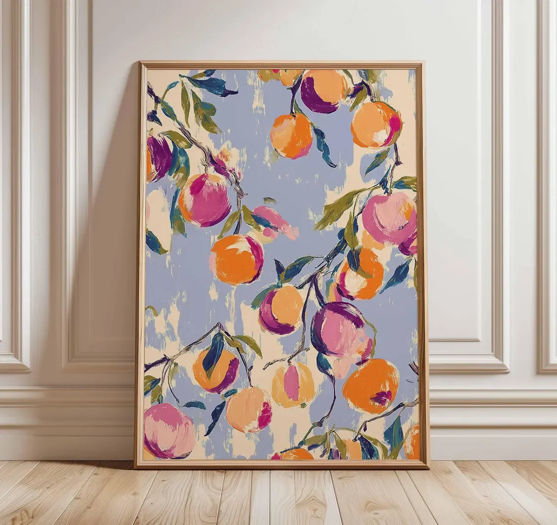 Affiche pêche colorée |   Impression d'art botanique moderne avec motifs de fruits |   Décoration murale de cuisine, illustration de fruits, cadeau sur le thème de la cuisine d'Amérique centrale