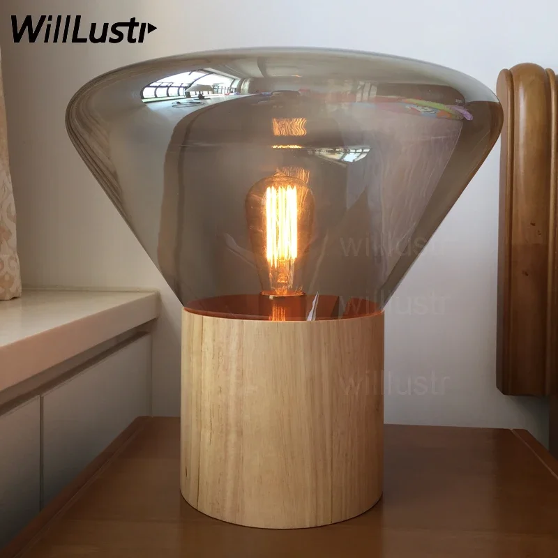 Willlustr modern table lamp wood base clear smoke amber glass shade table lighting nordic design modern desk light vintage bulb