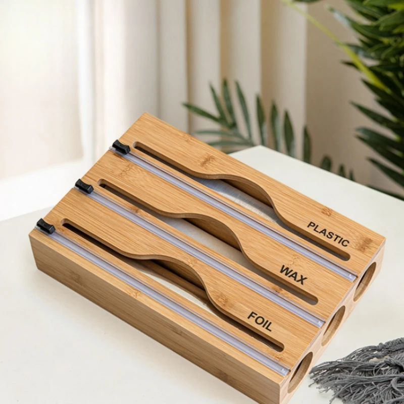 

Bamboo Wrap Dispenser Storage Aluminum Foil Dispenser with Cutter Cling Film Holder Kitchen Accessories Organizer