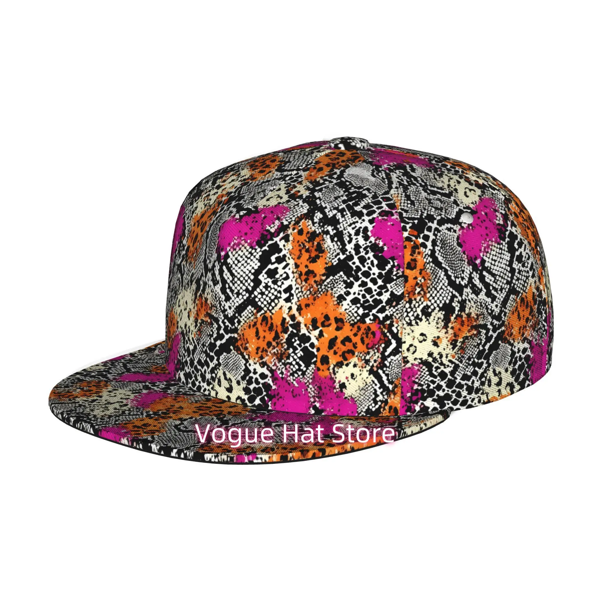 A Baseball Cap Featuring a Snakeskin Design with Leopard And Pink Spots, Suitable for Both Men And Women. This Unisex Flat Brim