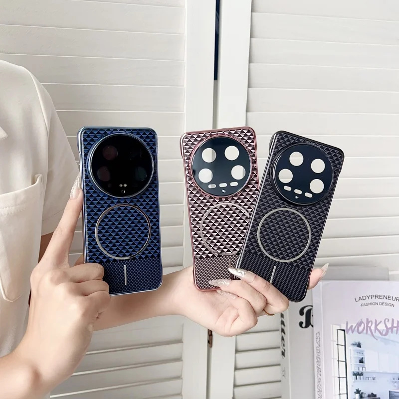 

For Xiaomi 15 14 Pro Ultra Case Check Pattern Frameless Anti-Shock Corners Drop-proof Magsafe Electroplating Grip Leather Cover