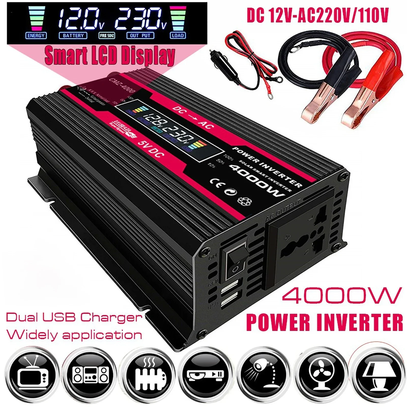 4000W Solar Power Inverter 12V Dual USB Modified Sine Wave Voltage Transformer Car Adapter Fast Charge Converter LCD Display