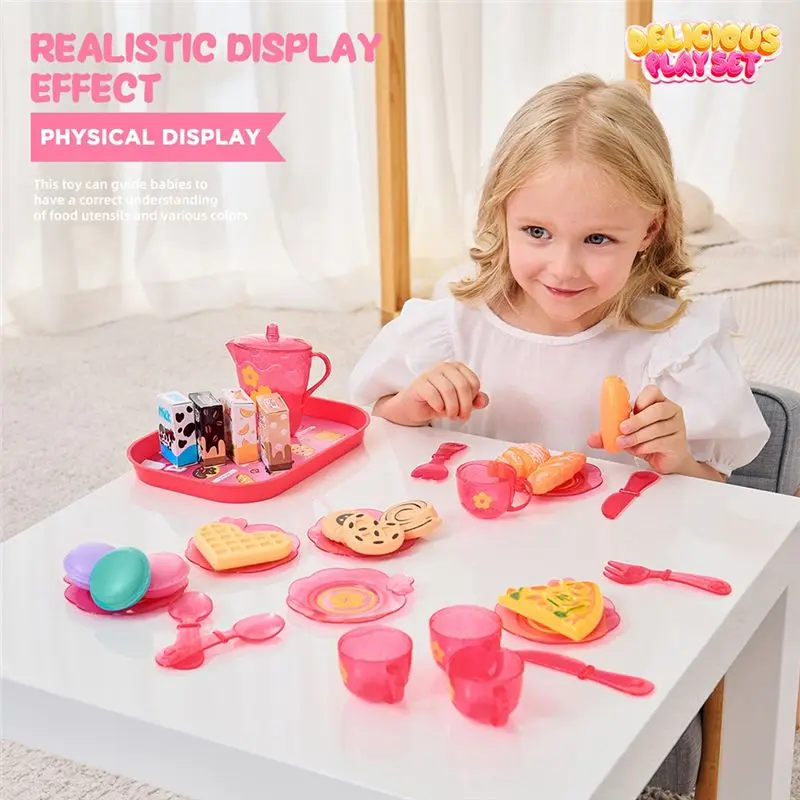 WOWFU-33Pc maison de jeu ensemble de cuisine enfants thé fête ensemble de jeu pour enfants, jeu de rôle avec Dessert et vaisselle