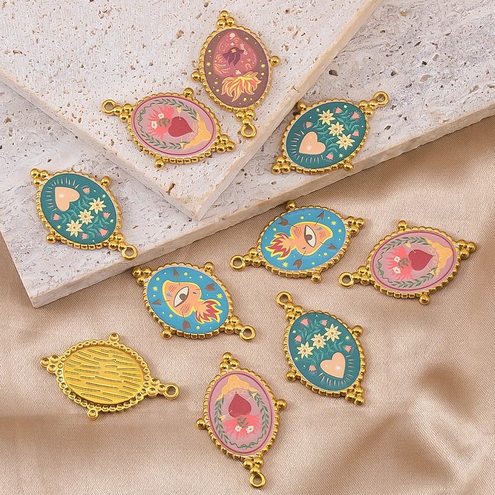 2pcs Stainless Steel Gold Plated Enamel Heart Printed Pendants Eye Charms For DIY Jewelry Making Necklace Accessories Wholesale