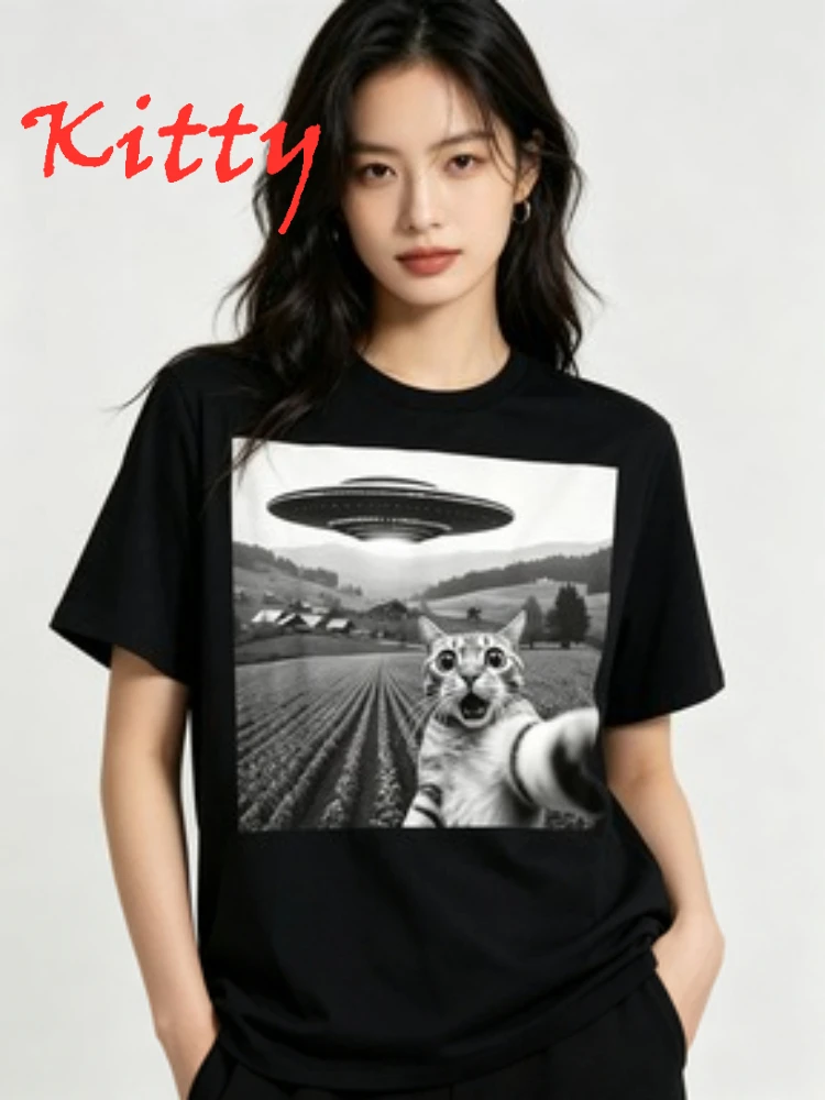 UFO and Cat Pattern Print Women's T-shirt Summer Casual Men Tees Humorous O-Neck Short Sleeve Unisex Top Tshirt Women's Clothing