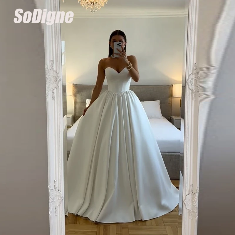 

﻿ SoDigne A-line Simple Satin Wedding Dresses Sweetheart Sleeveless Bridal Dress Long Bride Gown vestidos de novia Customized