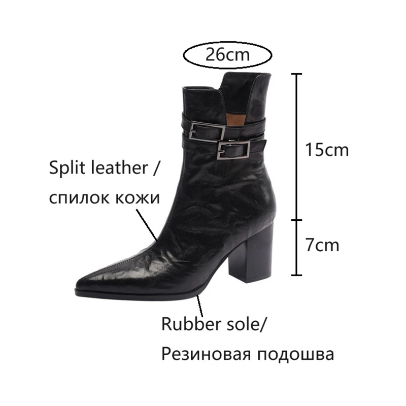 NEW Autumn Women Boots Pointed Toe Chunky Heel Boots Split Leather Shoes for Women Short Modern Boots Winter Belt Buckle Boots