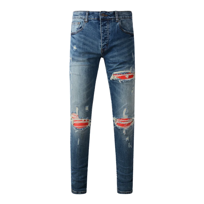 

Street Fashion Men Jeans Retro Blue Stretch Skinny Fit Red Leather Patched Ripped Jeans Men Brand Designer Hip Hop Denim Pants