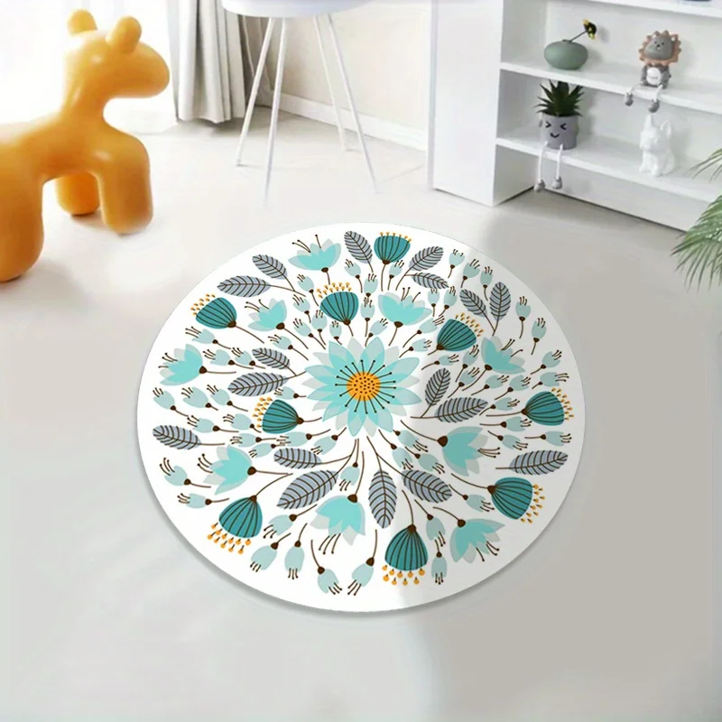 Floral Leaf Round Rug, Crystal Velvet Washable Mat, Soft Polyester Non-Slip Floor Carpet for Living Room Decor