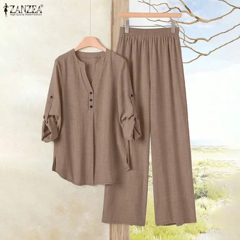 Damen-Hosenanzüge mit lockerer Passform, halb geknöpft, Langarm-Bluse & Weite Hose, 2-teiliges Set, ZANZEA Sommer Alltags-Freizeitanzug