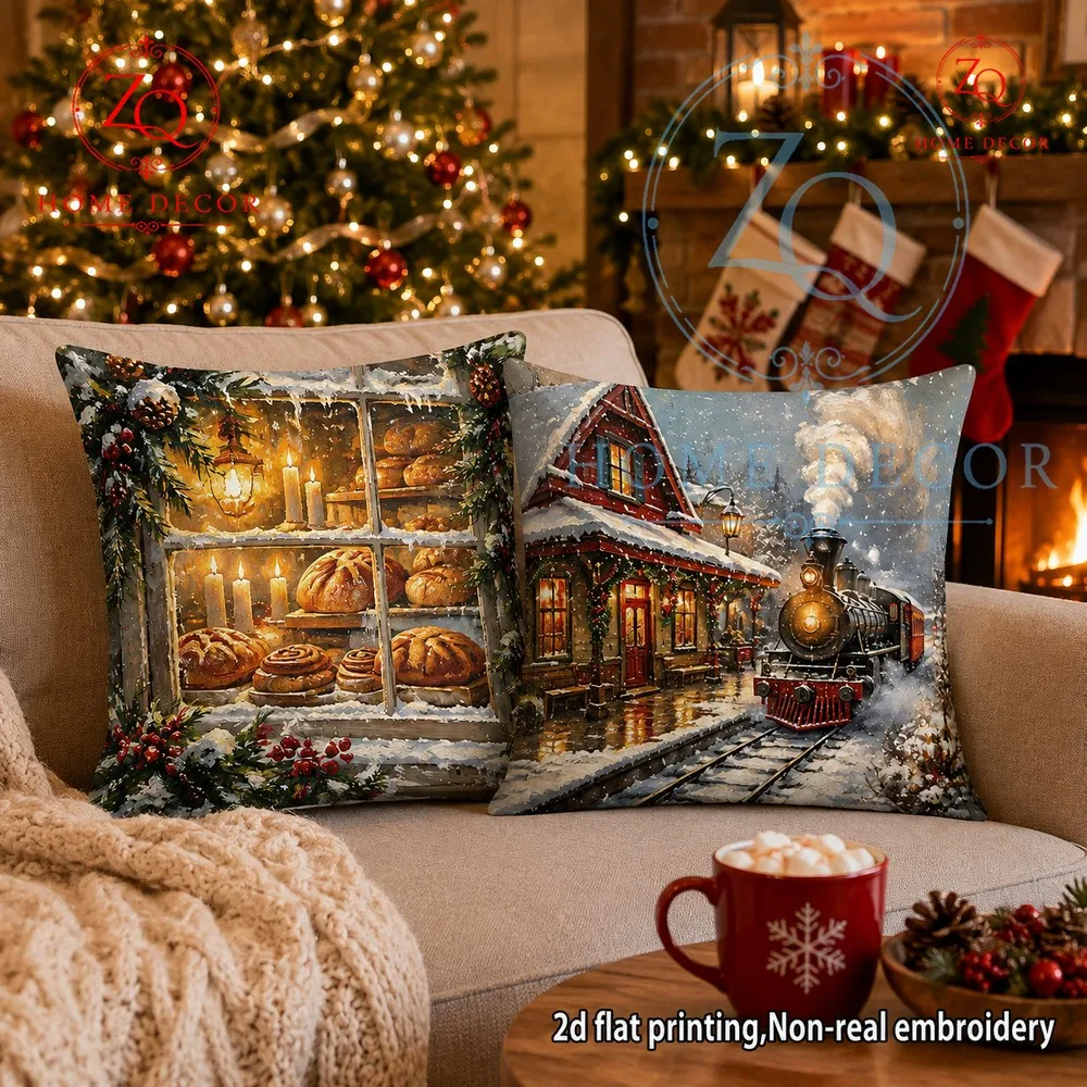 Steam train Christmas stion cushion cover with its retro oil painting style crees a warm  inviting wintery mosphere