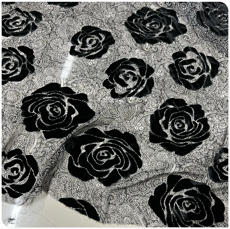 Silk Etched-out Velvet Fabric Silk Bottom Cotton Velvet Black Rose Jacquard Velvet Thin See-through Dress Fashion Fabric